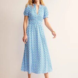 NWOT BODEN Rosanna Jersey Midi Tea Dress-Brilliant Blue, Blossom Tile
